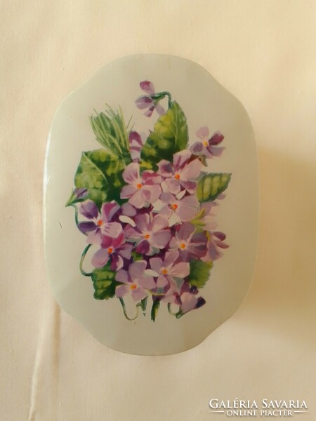 Oval metal praline box, violet pattern, English, huntley and palmers biscuits
