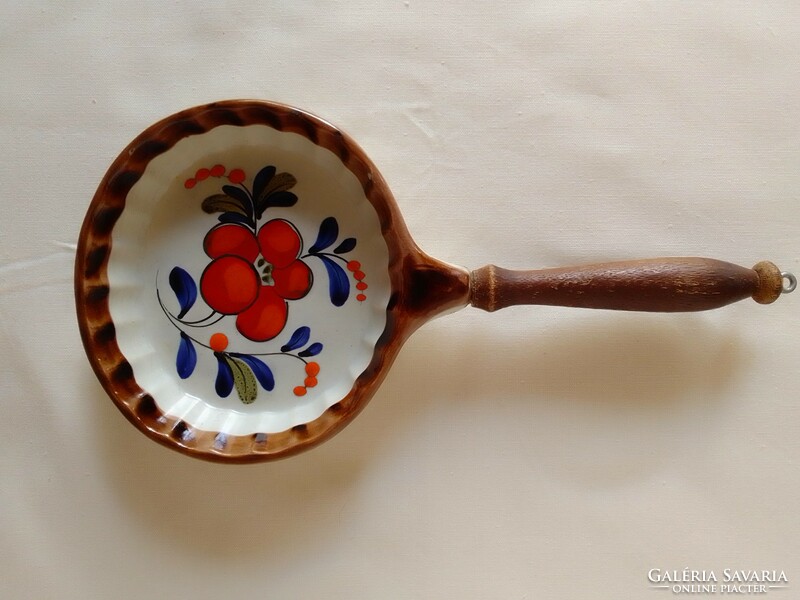 Three similar kitchen utensils and bowls with a beige polka dot base and a flower-fruit pattern, with a small physical defect :)