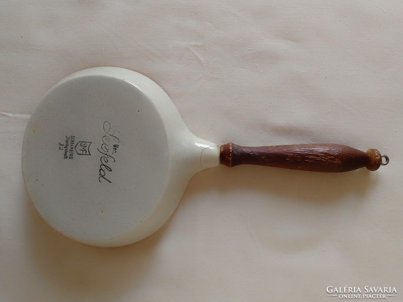 Three similar kitchen utensils and bowls with a beige polka dot base and a flower-fruit pattern, with a small physical defect :)