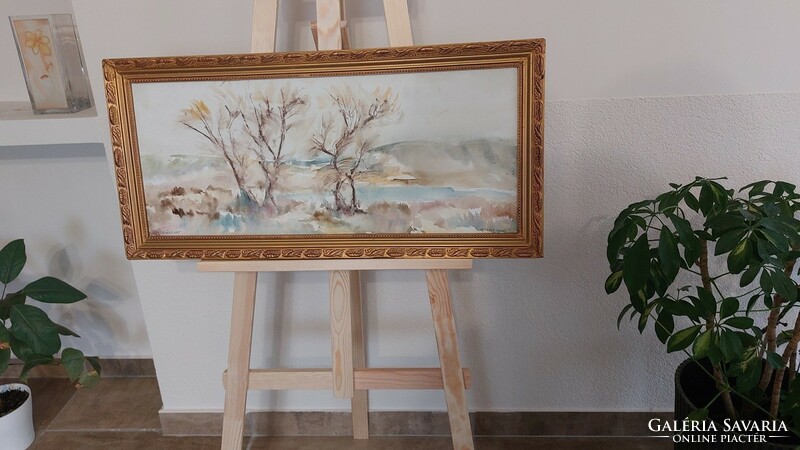 (K) beautiful landscape painting hortobágy 37x77 cm with frame