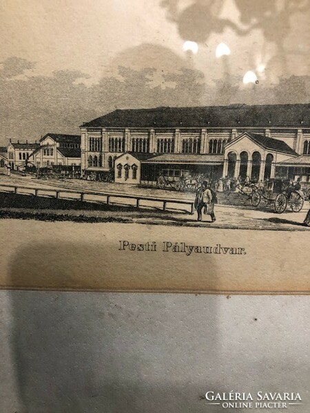 Representation of Pest railway station, old linocut, 16 x 27 cm.