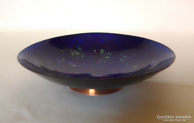 A beautiful shade of deep blue enamel red copper footed bowl, for offering incense, small things, retro