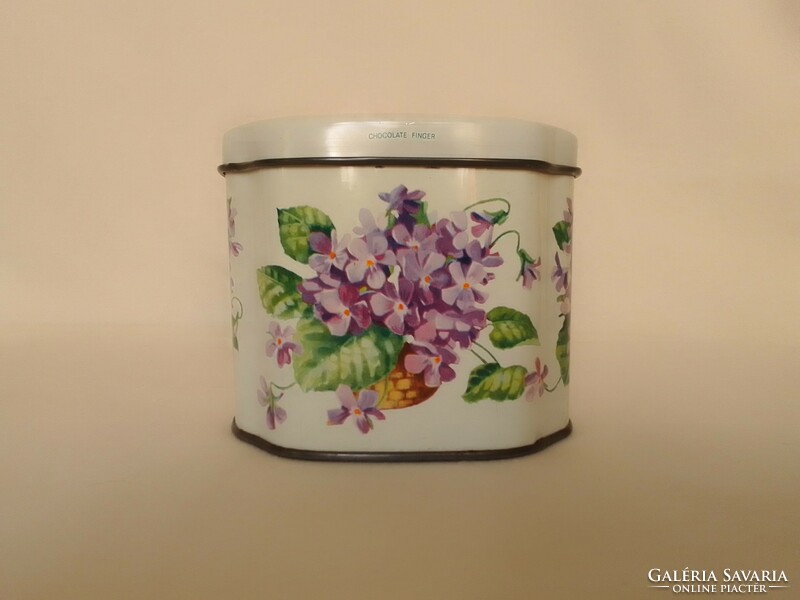 Oval metal praline box, violet pattern, English, huntley and palmers biscuits