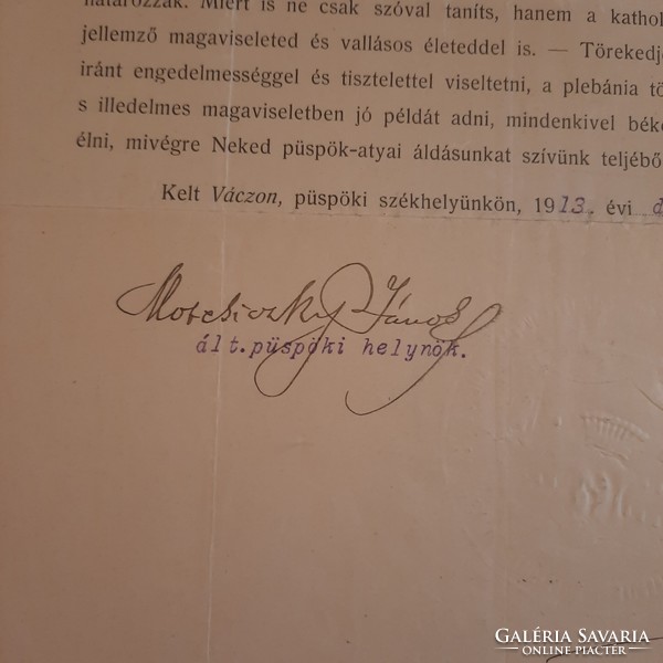 Letter of permission of Count Emmanuel Csáky Károly, bishop of the Vács Cathedral, 1913.