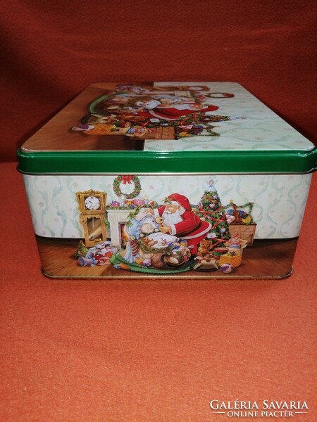A metal box for Santa Claus or Christmas. Decorative box. Storage, biscuit box.