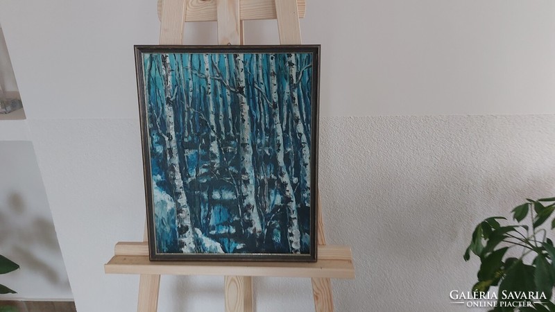 (K) Téli erdőbelső festmény 43x35 cm kerettel