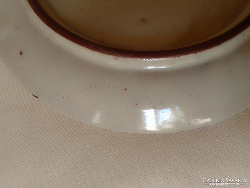 Three similar kitchen utensils and bowls with a beige polka dot base and a flower-fruit pattern, with a small physical defect :)