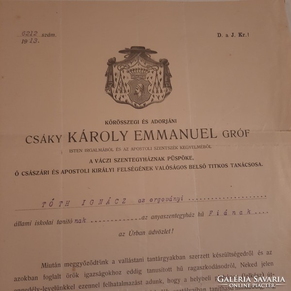 Letter of permission of Count Emmanuel Csáky Károly, bishop of the Vács Cathedral, 1913.