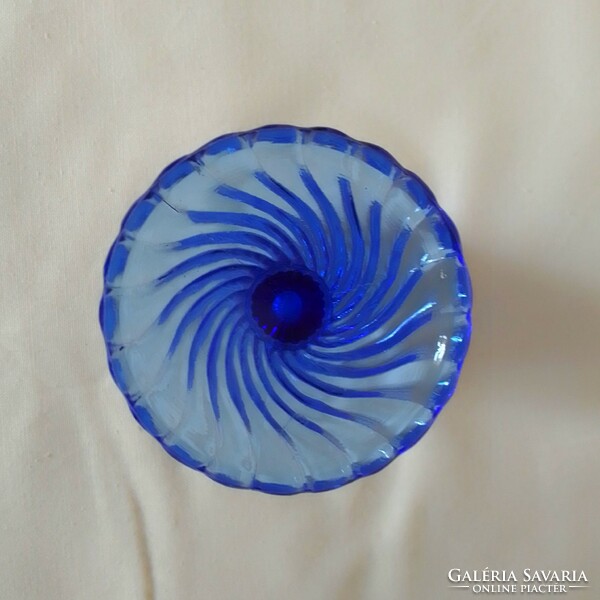 Kis kék csavart öntött üveg váza, ibolyaváza, vastag falú