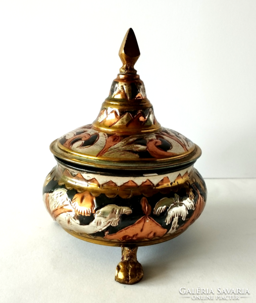 Old handcrafted Tunisian lion-legged copper sugar bowl, bonbonnier, jewelry holder