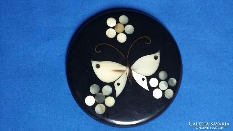 Mother-of-pearl inlaid black wooden box top with butterfly pattern