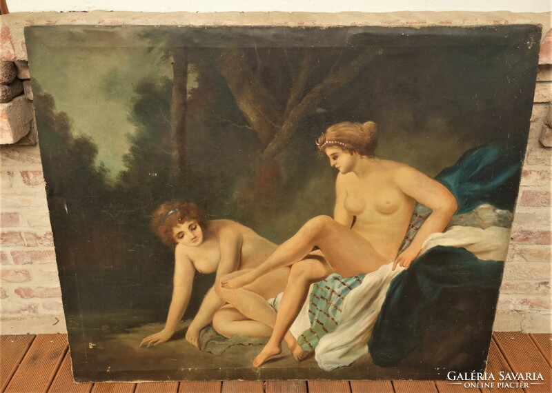 Huge 146x120cm !! Antique painting - nudes outdoors. With original warranty!