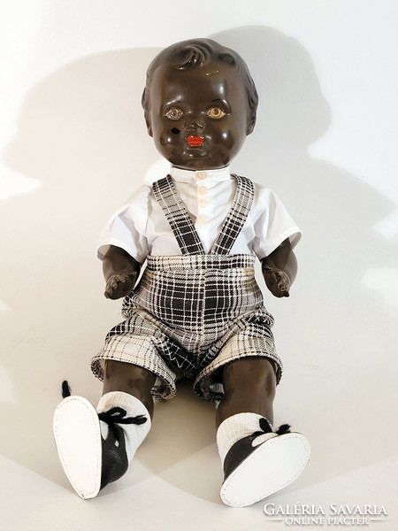 Technoplast Horlave Fekete Celluloid Baba 46cm | Panenka Cernoska Black Doll Antik Régi Játékbaba