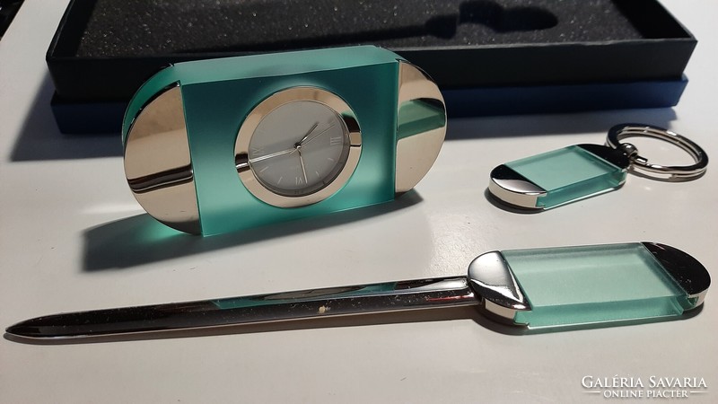 Elegant table gift box, set, with a clock, letter opener and a key ring
