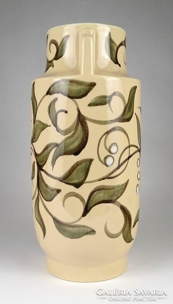 1K569 butter colored marked majolica vase with flower decoration 30.5 Cm