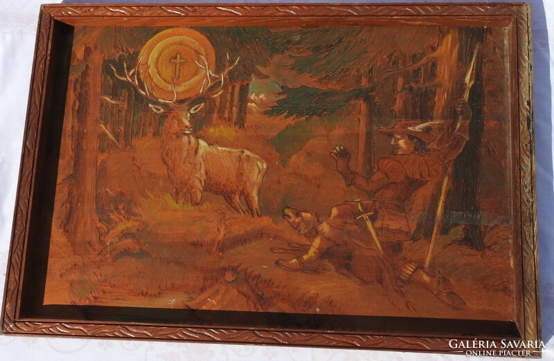 Antique painted woodcut - painted woodcut Saint Hubertus