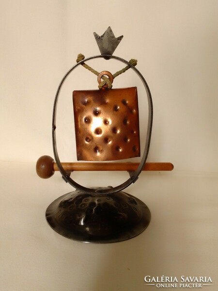 Retro lunch signal column, tinned iron bell on a forged iron stand, with rubber head gong