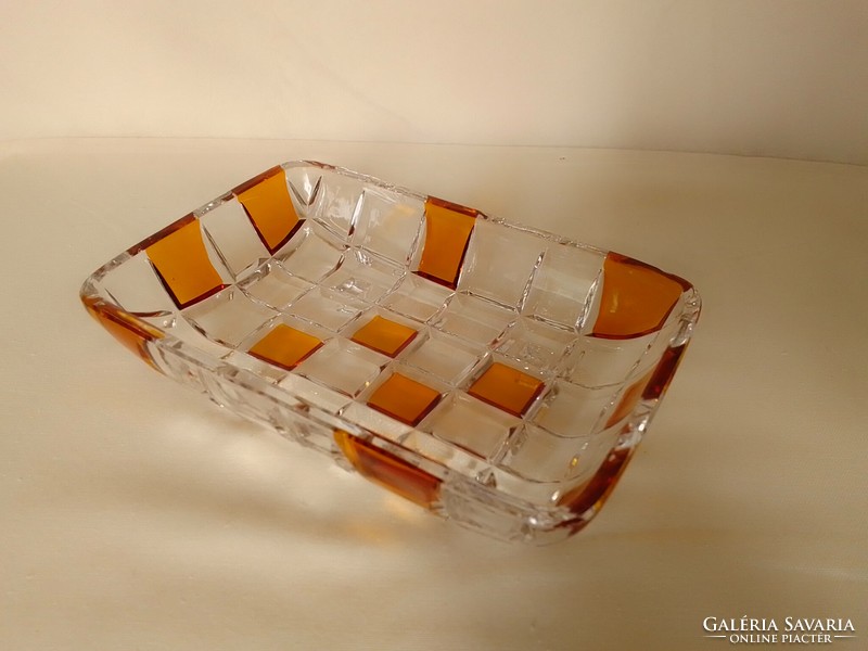 Cast glass crystal bowl with checkered pattern, amber coloring