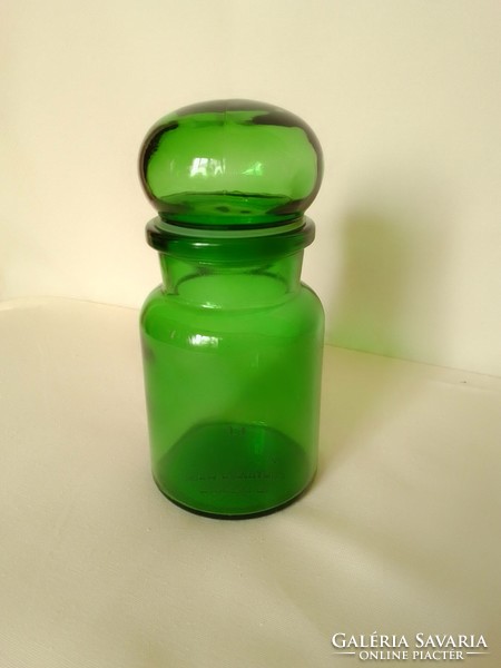Deep green cast glass kitchen container, candy, spice, cork holder, marked, Belgian, approx. 2.5 dl
