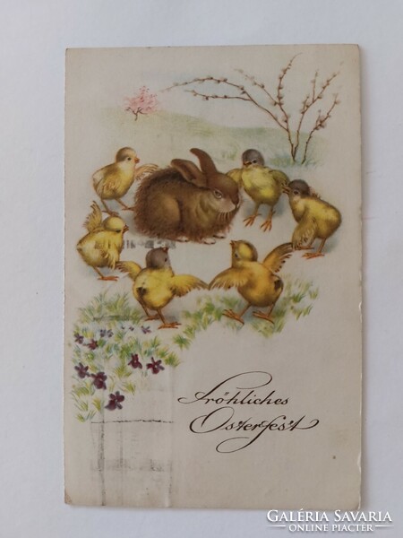 Régi húsvéti képeslap levelezőlap nyuszi csibék ibolya