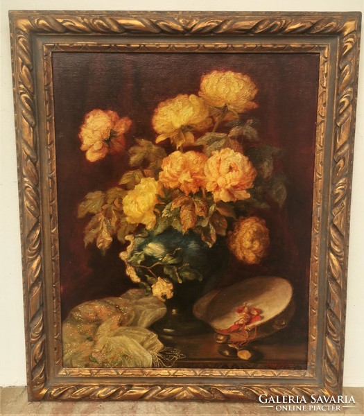 Marguerite Geraud (1879-1969) still life with roses c. Antique painting 99x83cm with original guarantee!!