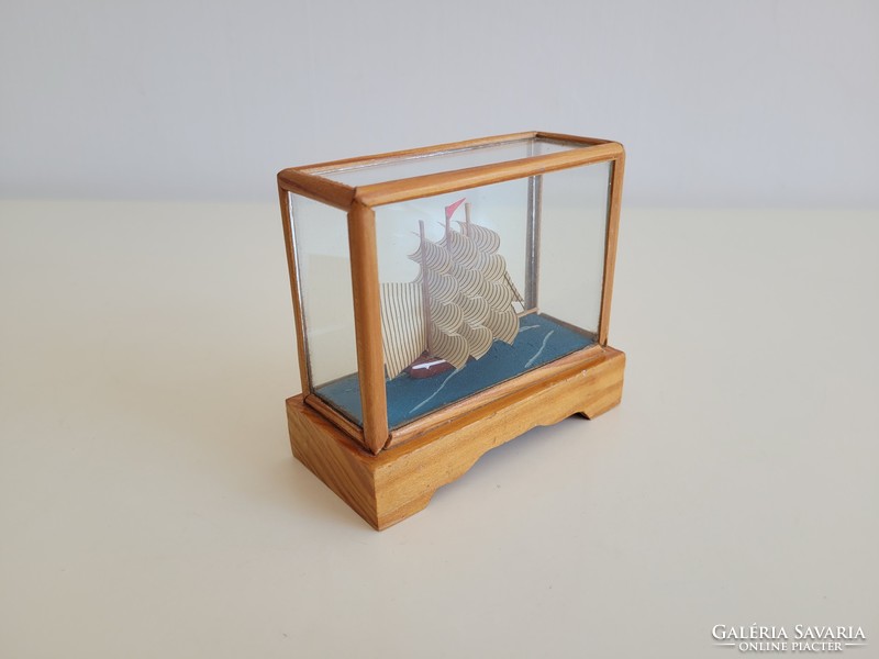 Retro old sailing ship mockup souvenir in glazed wooden box