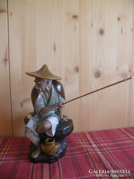 Old, unique figural, Chinese glazed, marked pottery - fisherman in hat, holding rod -