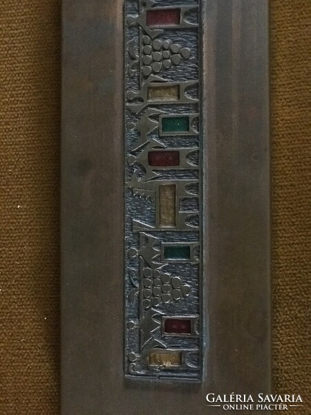 Retro industrial artist pen holder, desk decoration, with grape motif fire enamel copper inlay