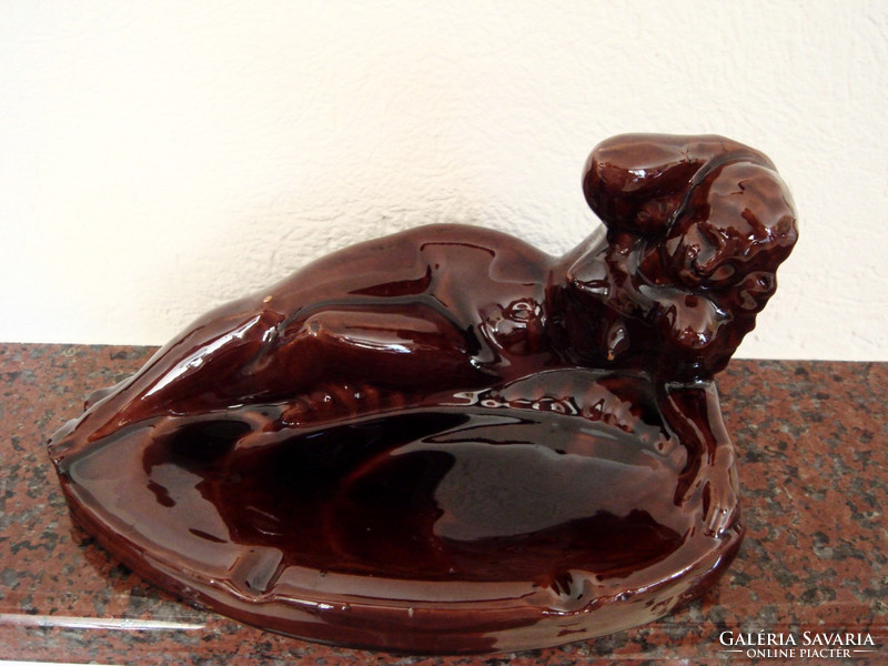 Old ceramic sculpture lying female figure in big art deco nature ashtray