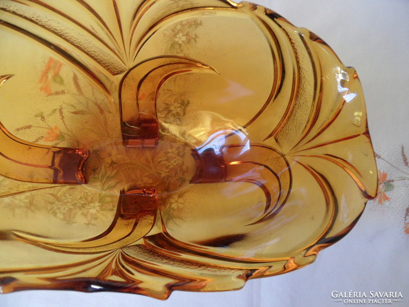 Art deco borostyán színű üveg tál, asztalközép