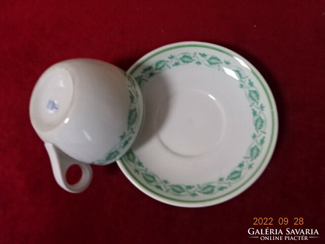 Zsolnay porcelain tea cup + saucer, antique, green border. He has! Jokai.