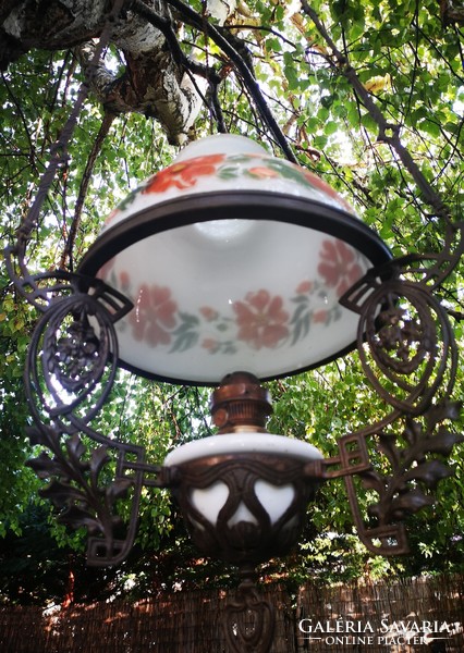 Antique Art Nouveau chandelier, chandelier lamp, milk glass shade, cast iron frame, 100 years old, can be electrified! 2.