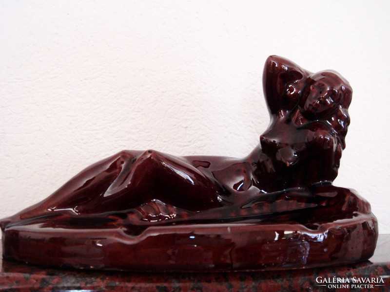 Old ceramic sculpture lying female figure in big art deco nature ashtray