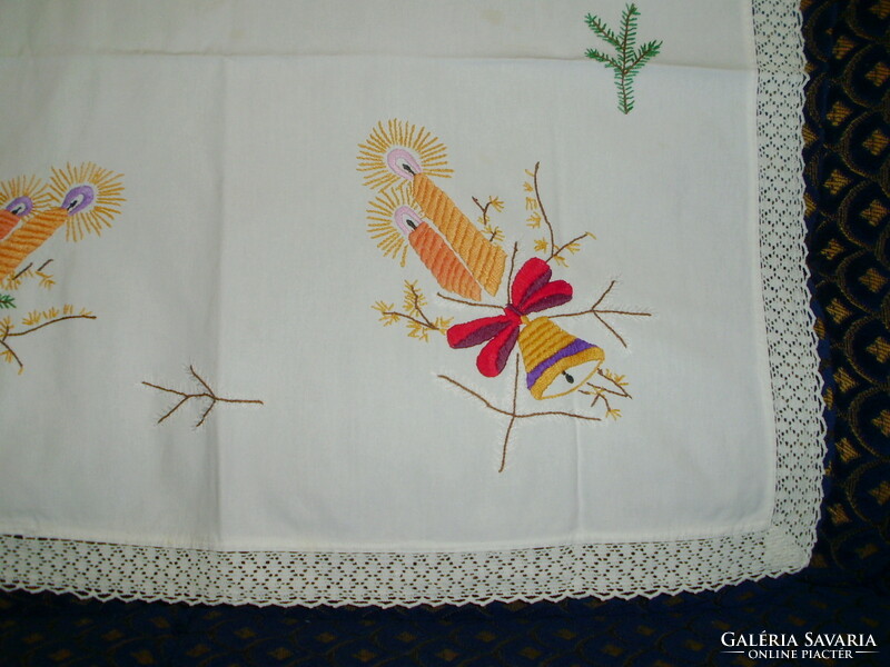 Christmas hand-embroidered tablecloth, centerpiece with crochet border - immaculate