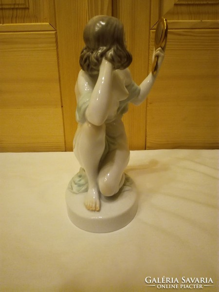 Woman with mirror from Herend, female nude porcelain figure