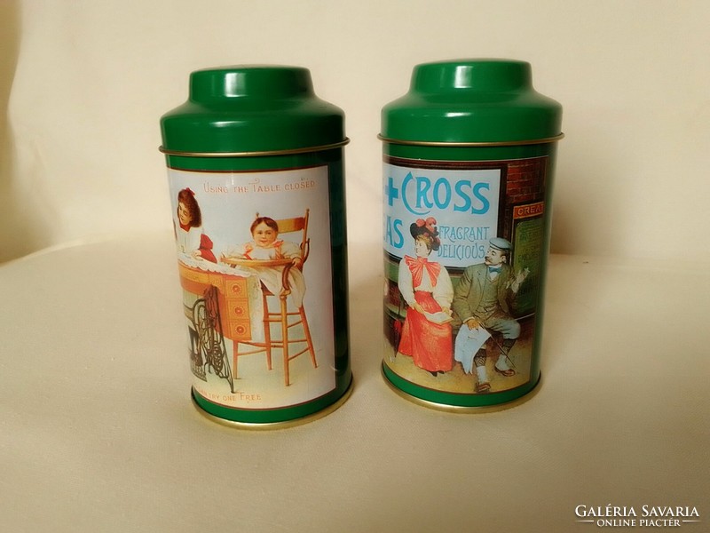 Pair of matching metal tea boxes, English, green base, with nostalgia pictures, 1980s