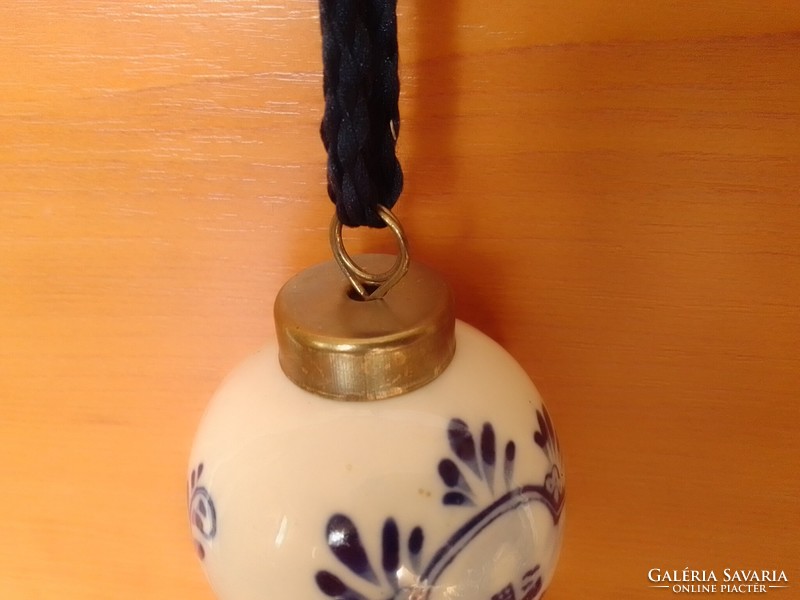 Blue and white hand-painted marked Dutch glazed porcelain Christmas tree ornament, metal fixture, windmill