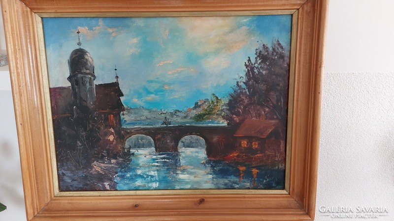 (K) Folyó híddal szép festmény 44x55 cm kerettel