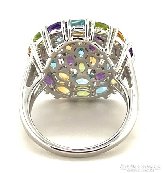 Luxurious silver ring with many stones, blue topaz, citrine, amethyst, peridot new
