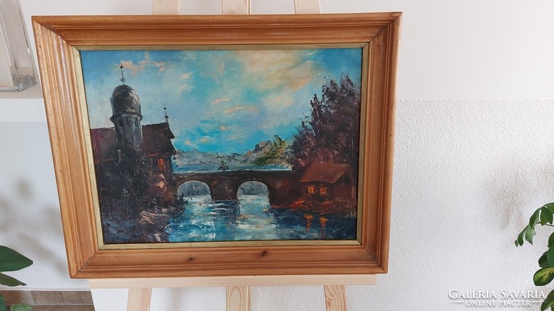(K) beautiful painting with river bridge 44x55 cm frame