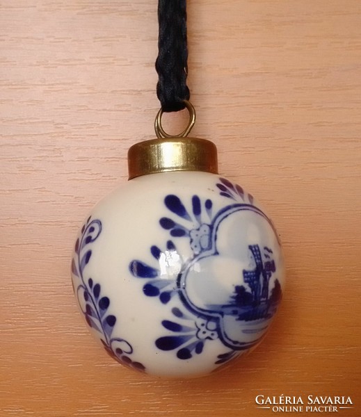 Blue and white hand-painted marked Dutch glazed porcelain Christmas tree ornament, metal fixture, windmill