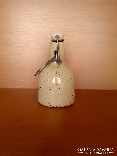 Brown dot glazed ceramic stoneware liquor pitcher, spout, bottle, with buckled porcelain stopper