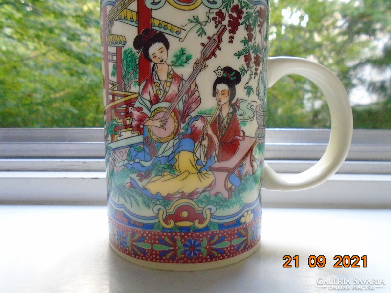 Young ladies playing music in the garden with a life portrait, a tea cup with a lid and a filter, with flower patterns