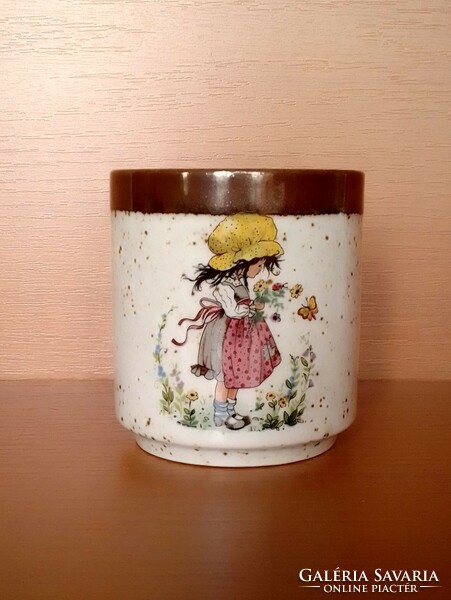 Barna pöttyös, jelzett Bavaria porcelán kaspó, pohár, kedves kislány és kisfiú motívummal.