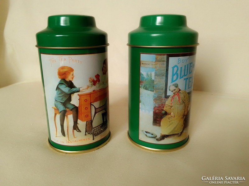Pair of matching metal tea boxes, English, green base, with nostalgia pictures, 1980s