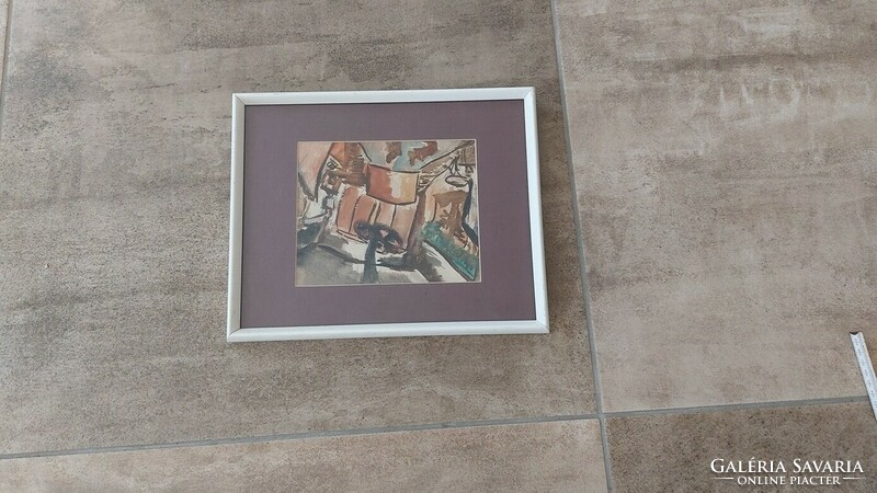 (K) Kis akvarell festmény 32x25 cm kerettel, ember a háztetőn? :)