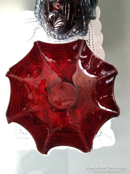 Antik szakított talpú muránói bordó váza rátett mintával és kínálóval együtt!