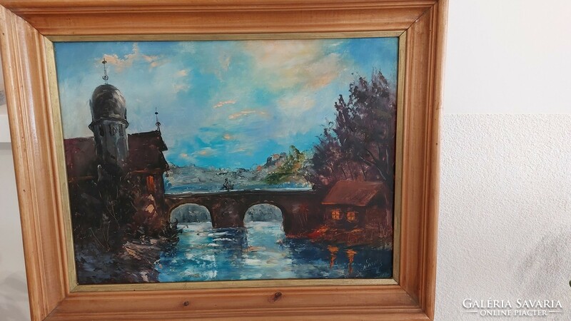(K) beautiful painting with river bridge 44x55 cm frame