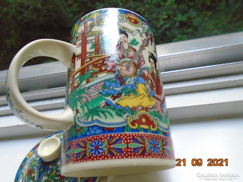 Young ladies playing music in the garden with a life portrait, a tea cup with a lid and a filter, with flower patterns