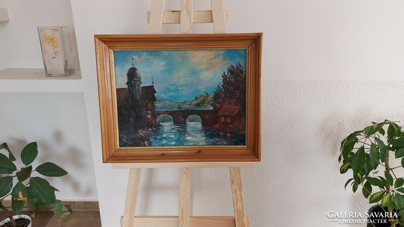 (K) Folyó híddal szép festmény 44x55 cm kerettel